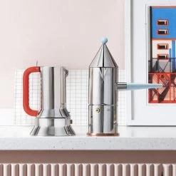 Alessi La Conica Manico Lungo Espresso Coffee Maker, Steel - Light Blue -Kitchencia Shop 0022 9090 90002 100 amb 1x1